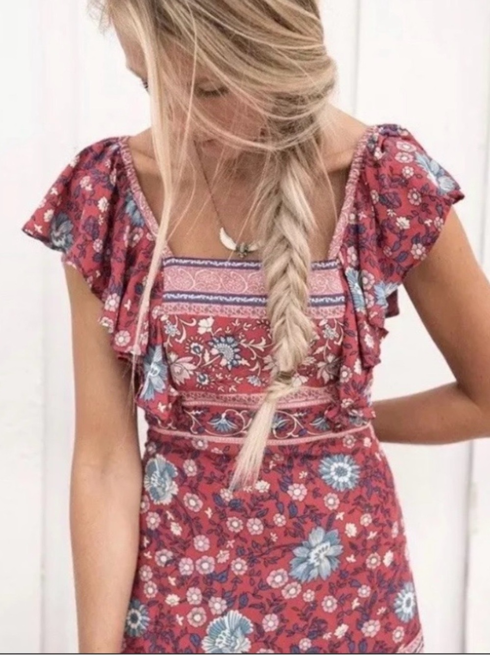 Spell Vintage Red Folk town Frill Dress Floral Backless Size XL